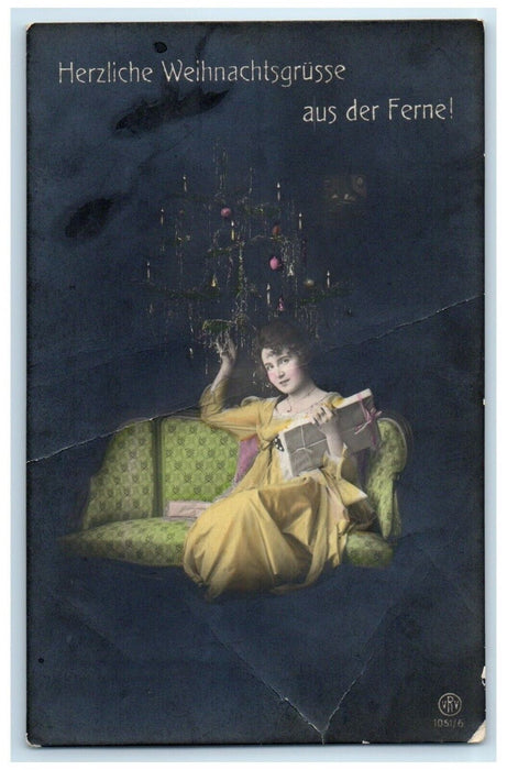 c1910's Christmas Tree Pretty Woman Sat On Sofa With Gift Antique Postcard