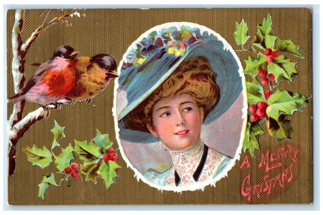 1909 Christmas Pretty Woman Big Hat Birds Holly Berries Frances WA Postcard