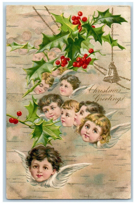 Christmas Greetings Angels Head Bell Holly Berries Embossed Antique Postcard