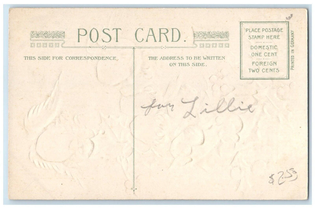 Christmas Greetings Angels Head Bell Holly Berries Embossed Antique Postcard