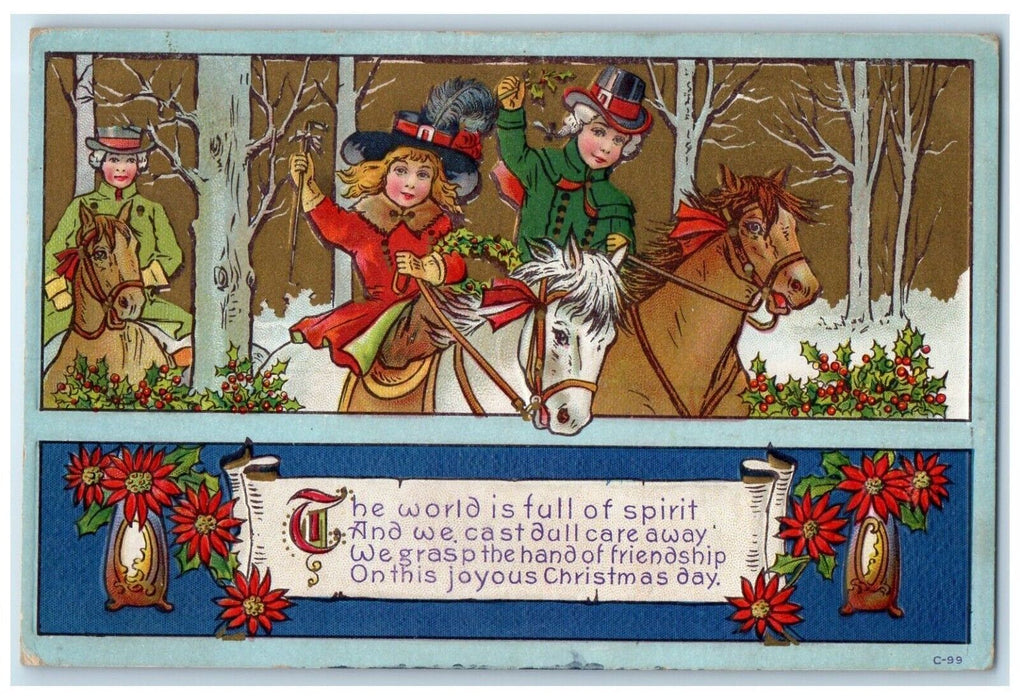 c1910's Christmas Horse Riding Poinsettia Flowers Berries Embossed Postcard