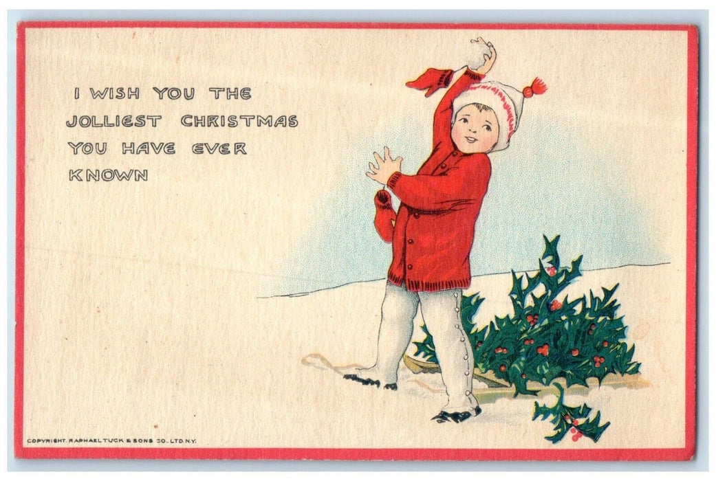 c1910's Christmas Boy Snowball Holly Berries Winter Tuck's Antique Postcard