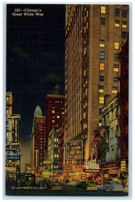 c1940 Night Scene Chicago Great White Way Chicago Illinois IL Unposted Postcard