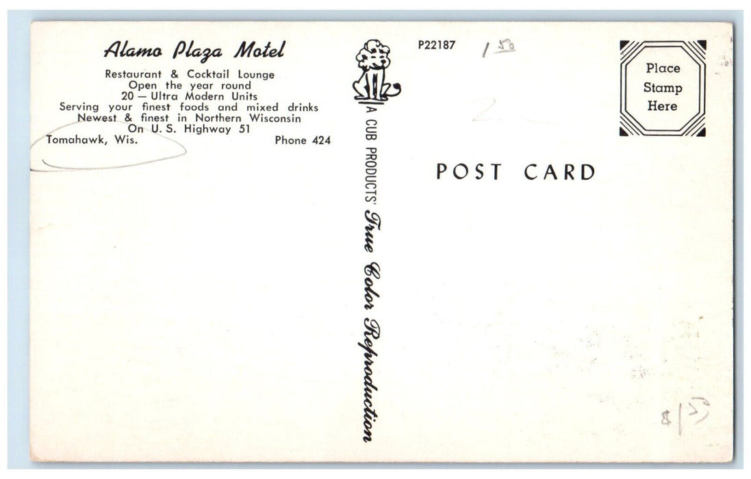 c1950's Alamo Plaza Motel Roadside Cars Tomahawk Wisconsin WI Vintage Postcard