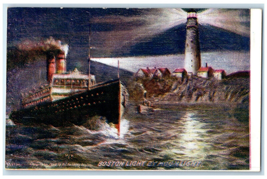 c1910 Boston Light Moonlight Steamer Cruise Lighthouse Massachusetts MA Postcard