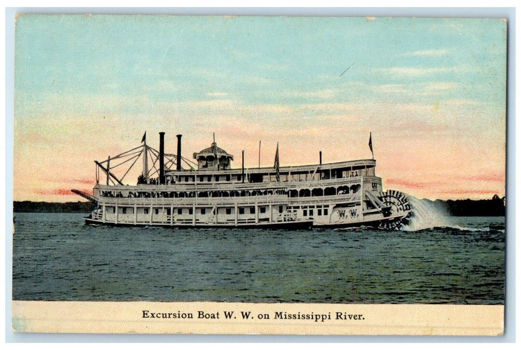 1911 Steamer Cruise Ship Excursion Boat WW Mississippi River Louisiana Postcard