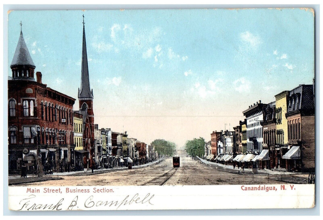 1905 Main Street Business Section Streetcar Canandaigua New York Posted Postcard