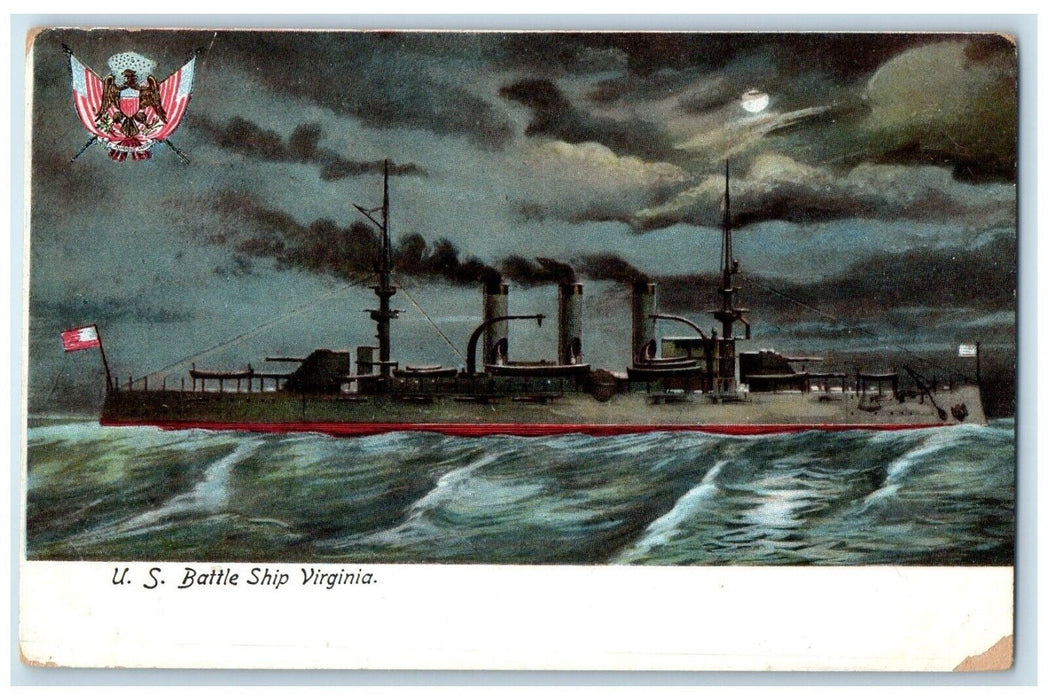 c1905 Steamer US Battle Ship Virginia VA Moonlight Night Scene Unposted Postcard