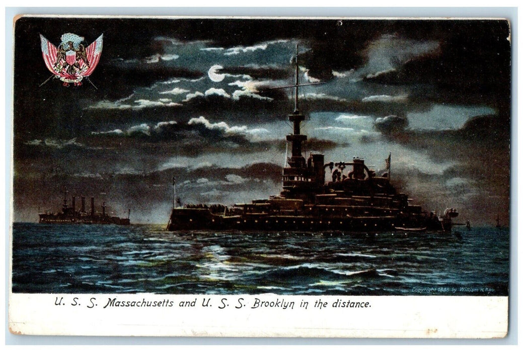 c1905 USS Massachusetts USS Brooklyn Distance Moonlight Night Unposted Postcard