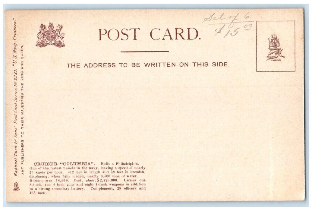 c1905 US Navy Cruiser Columbia Steamer Ship Raphael Tuck Sons Unposted Postcard