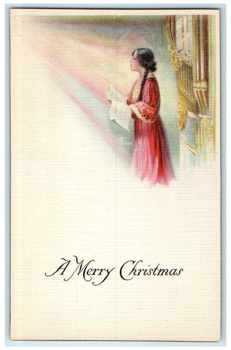 1909 Merry Christmas Woman Carol Braided Long Hair Unposted Antique Postcard