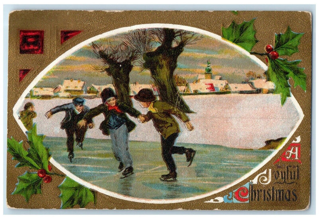 1910 Christmas Boys Ice Skating Winter Holly Berries Embossed Antique Postcard