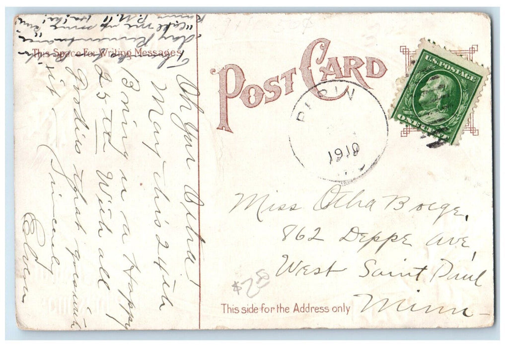 1910 Christmas Boys Ice Skating Winter Holly Berries Embossed Antique Postcard