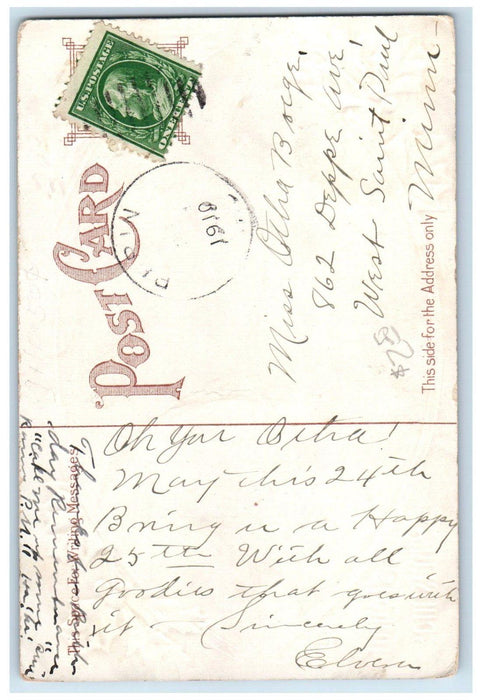 1910 Christmas Boys Ice Skating Winter Holly Berries Embossed Antique Postcard