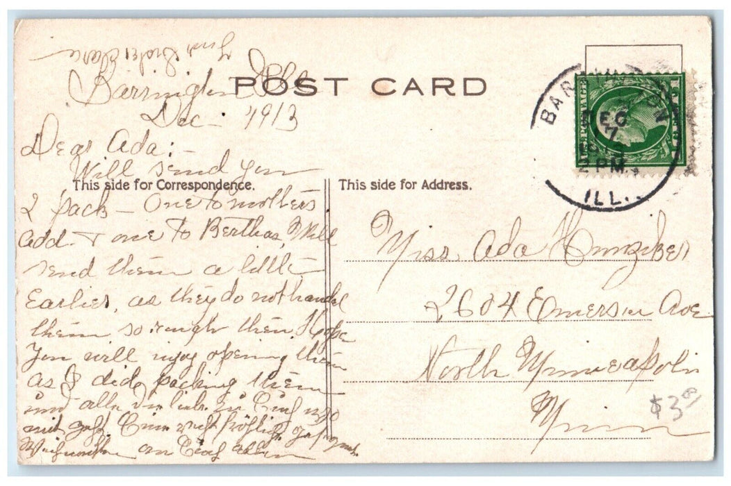 1913 Christmas Dutch Kids Holly Berries Whreat Barrington Illinois IL Postcard