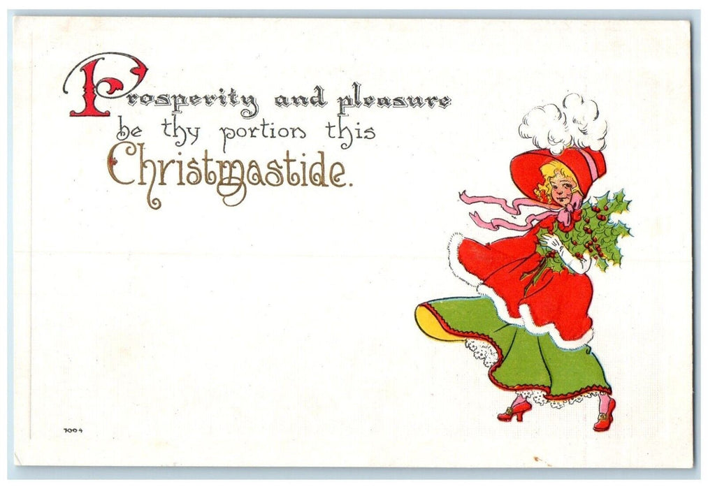 c1910's Christmas Pretty Woman Big Hat Holly Berries Embossed Antique Postcard