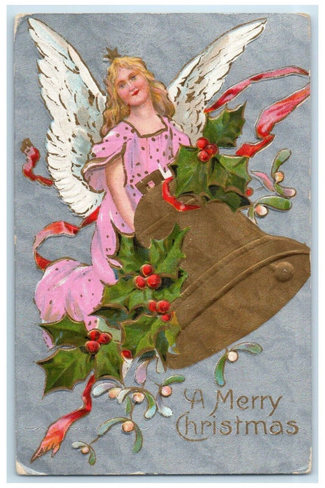 1909 Christmas Angel Ringing Bell Holly Berries Mistletoe Embossed Postcard