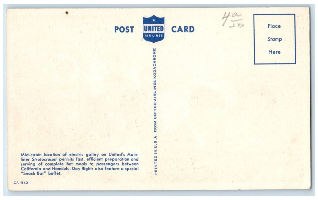 1960 United Airlines Mid Cabin Mainliner Stratocruiser Snack Bar Buffet Postcard