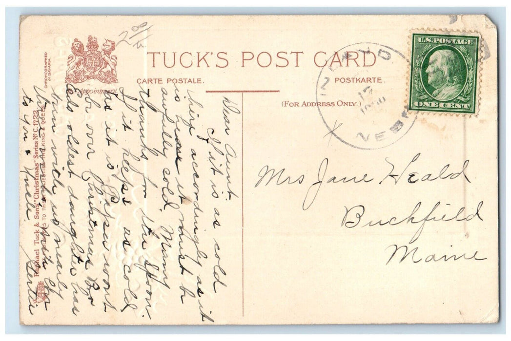 c1910's Christmas Windmill Winter Scene Berries Tuck's Buckfield ME Postcard
