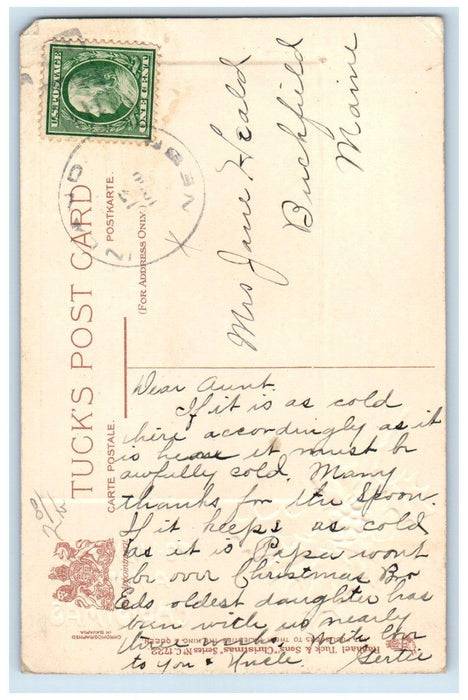 c1910's Christmas Windmill Winter Scene Berries Tuck's Buckfield ME Postcard