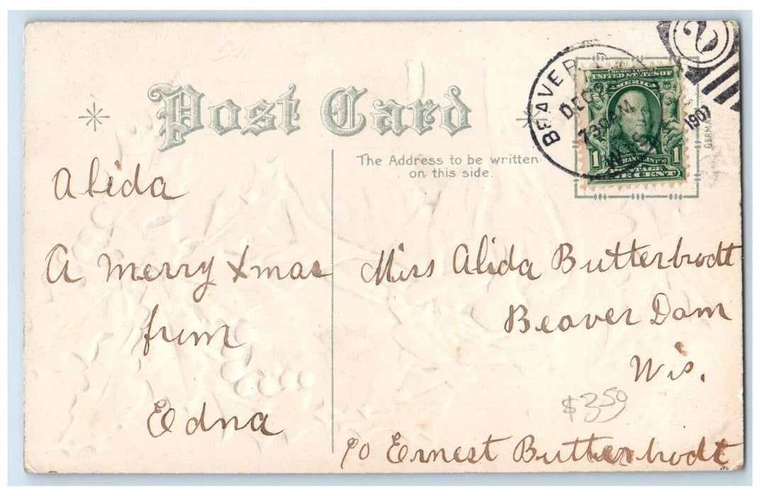 1907 Christmas Angels Ringing Bells Holly Berries Embossed Nash Antique Postcard