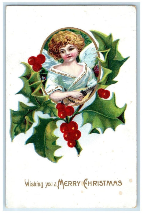 c1910's Christmas Angel Playing Banjo Holly Berries Embossed Antique Postcard