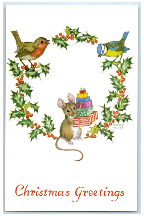 Christmas Holly Berries Song Birds Mouse With Gifts Molly Brett Vintage Postcard