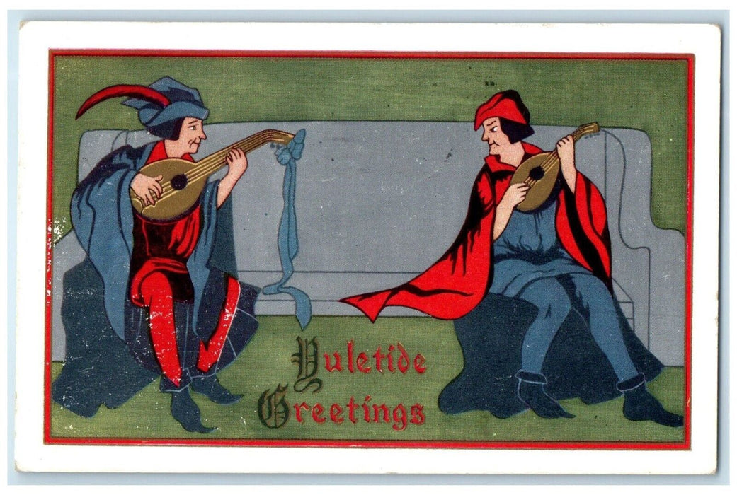 1914 Christmas Greetings Man Playing Banjo La Crosse Wisconsin WI Postcard