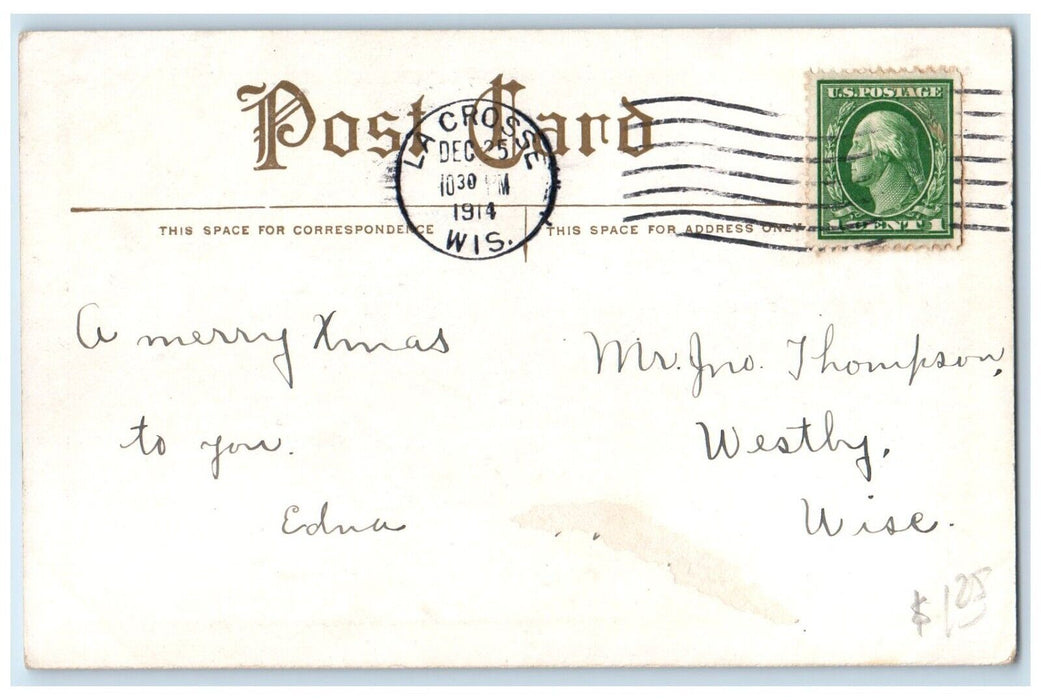 1914 Christmas Greetings Man Playing Banjo La Crosse Wisconsin WI Postcard