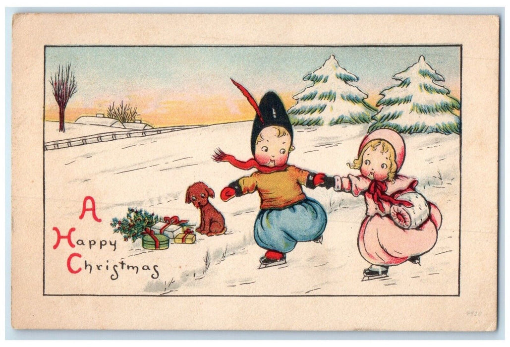1915 Christmas Children Ice Skating Winter Scene Dog Pine Trees Antique Postcard