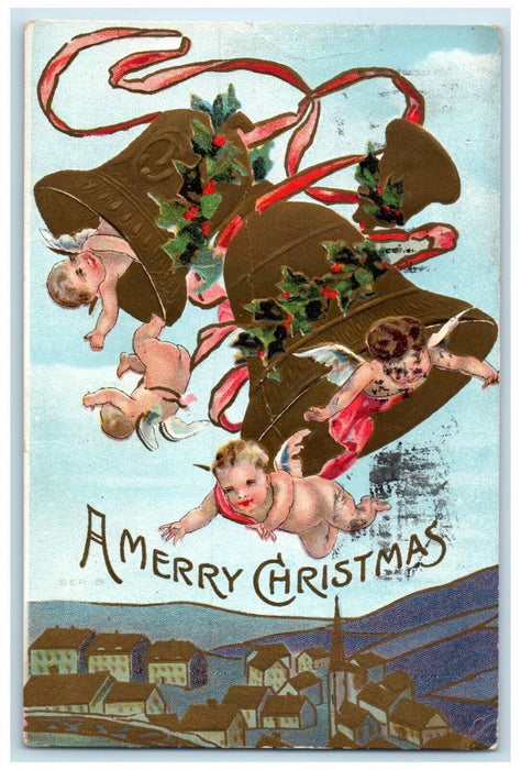 1909 Christmas Ringing Bells Angels Holly Berries Still Water MN Posted Postcard