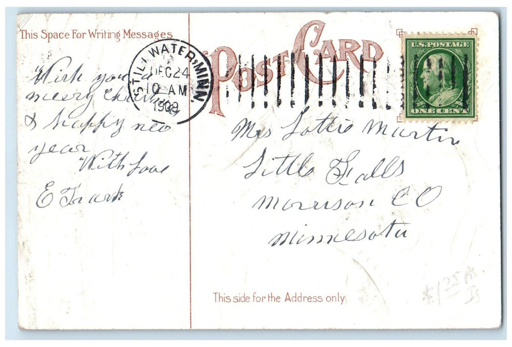 1909 Christmas Ringing Bells Angels Holly Berries Still Water MN Posted Postcard