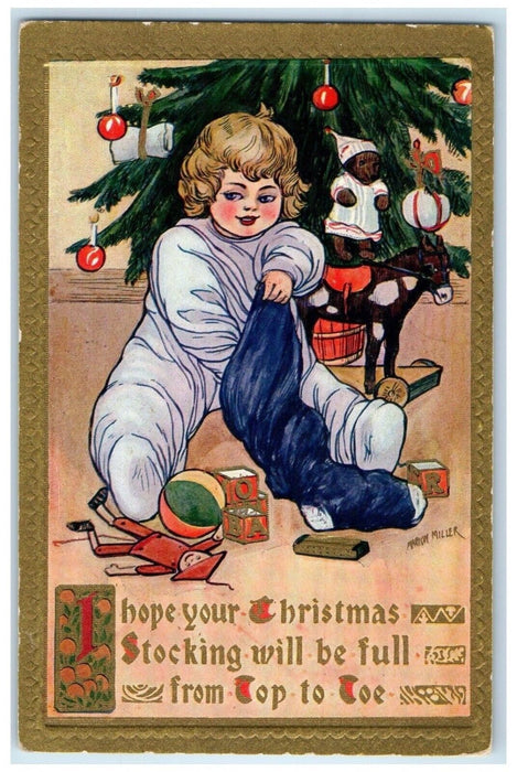 Christmas Tree Jolly Kid Stocking With Toys Marion Miller Embossed Postcard