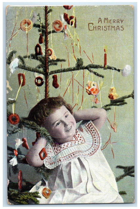 c1910's Christmas Tree Decorated Cute Little Girl Unposted Antique Postcard