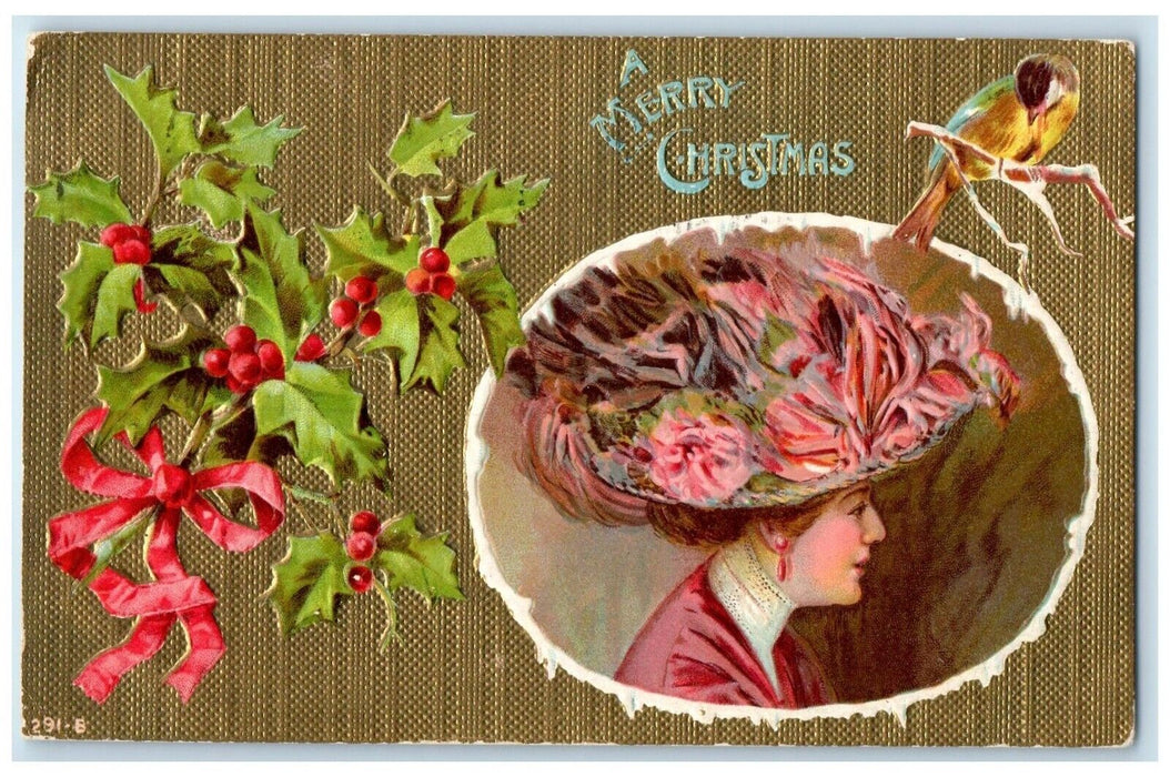 1910 Christmas Pretty Woman Floral Hat Bird Holly Berries Embossed Postcard