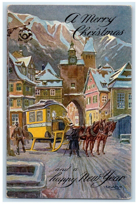 c1910's Christmas And New Year Horse Carriage House Church Antique Postcard