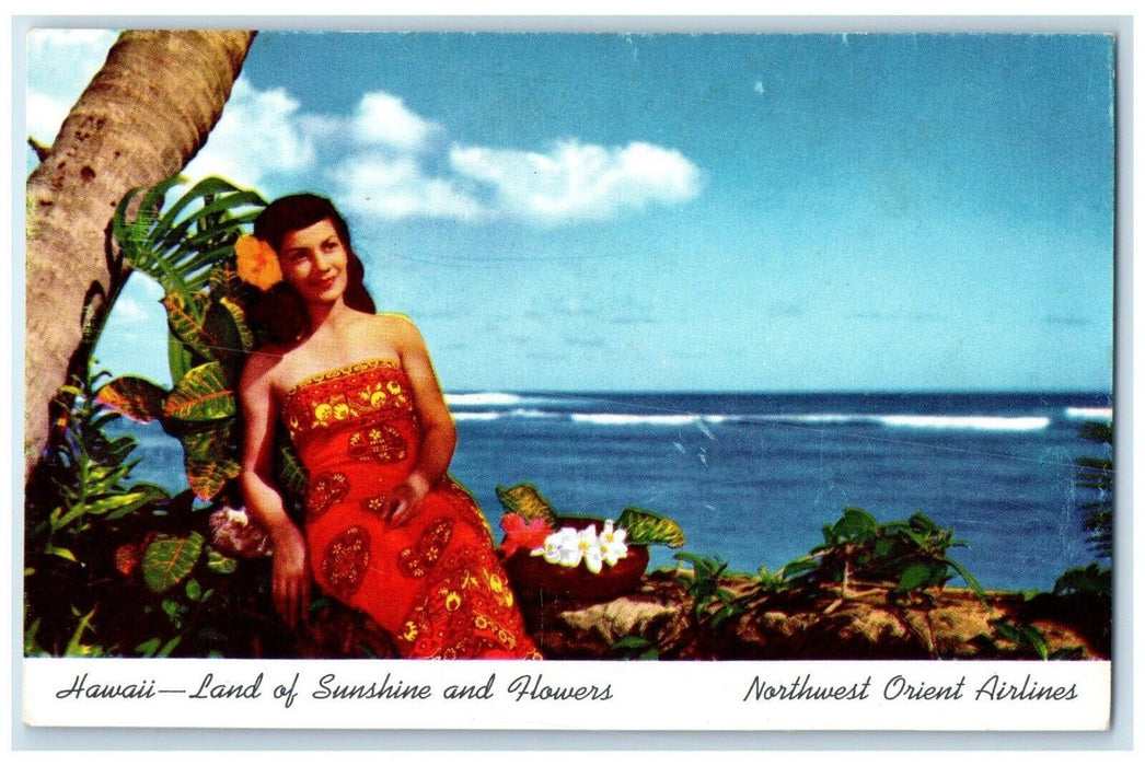 1960 Hawaii Land Sunshine Flowers Northwest Orient Airlines Advertising Postcard