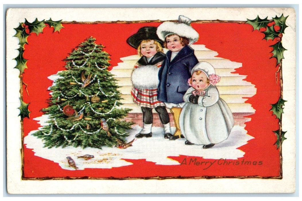 c1910's Christmas Tree Children Handwarmer Winter Holly Berries Antique Postcard