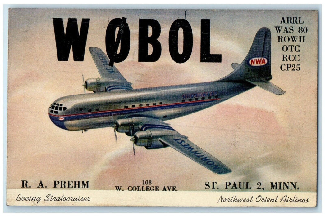 1948 Boeing Stratocruiser Northwest Orient Airlines St Paul Minnesota Postcard