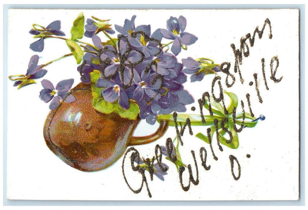 c1910 Greetings From Flower Glitter Embossed Wellsville Ohio OH Vintage Postcard