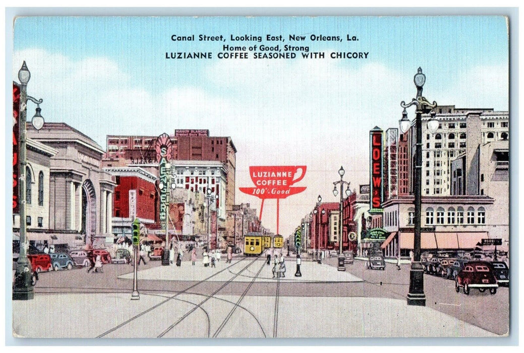 c1940 Canal Street Looking East Luzianne Coffee New Orleans Louisiana Postcard
