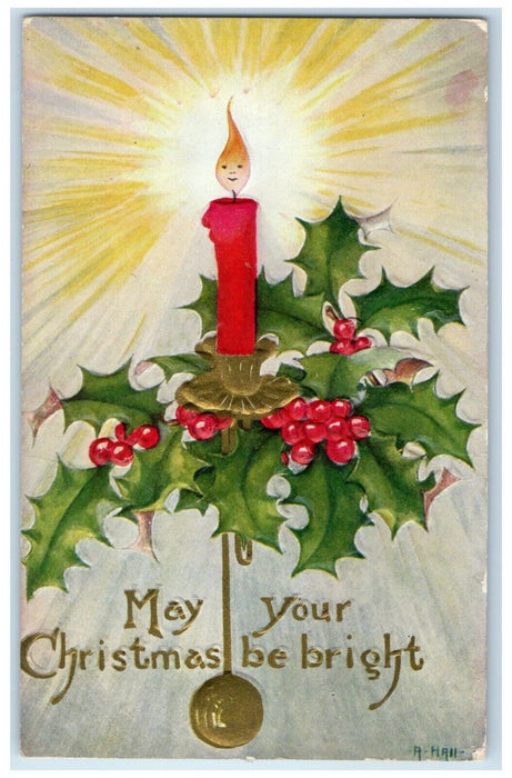 c1910's Christmas Candle Light Holly Berries Embossed Posted Antique Postcard