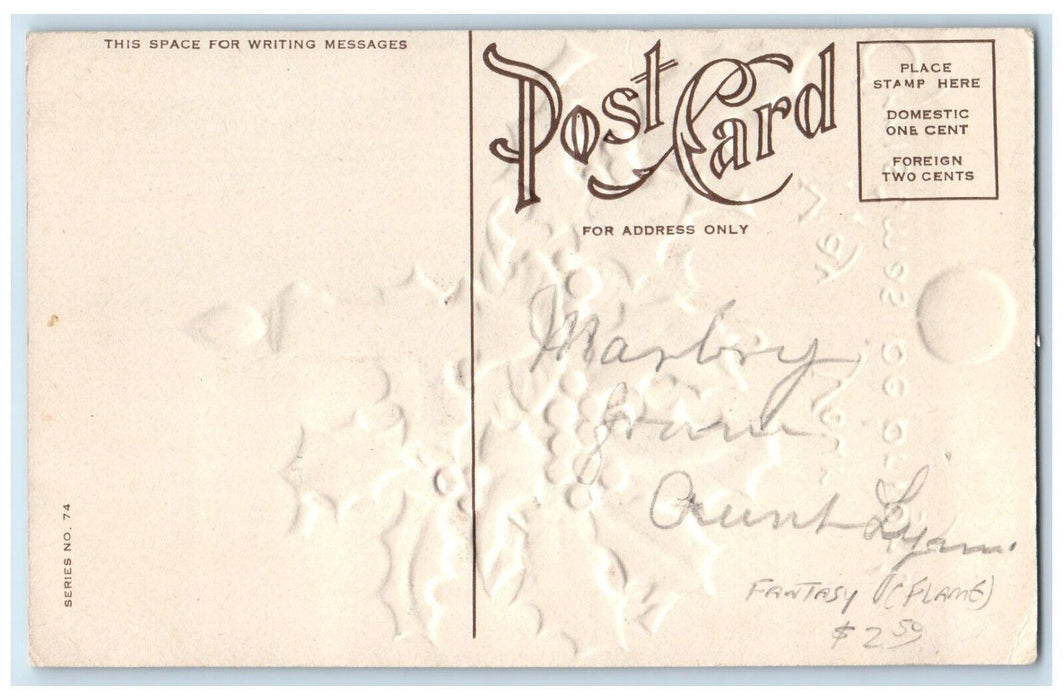 c1910's Christmas Candle Light Holly Berries Embossed Posted Antique Postcard