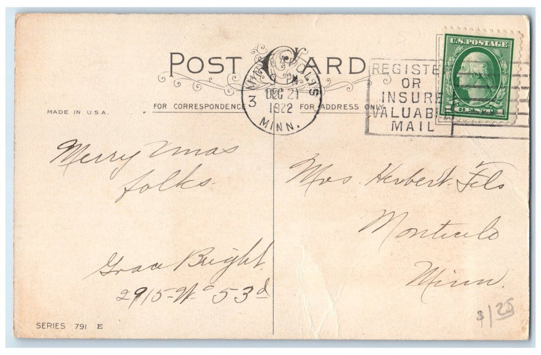 1922 Christmas Tree Candle Lights Decor Religious Minneapolis MN Posted Postcard