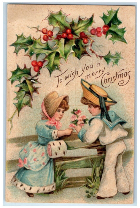1908 Merry Christmas Children Holly Berries Embossed New Haven CT Postcard