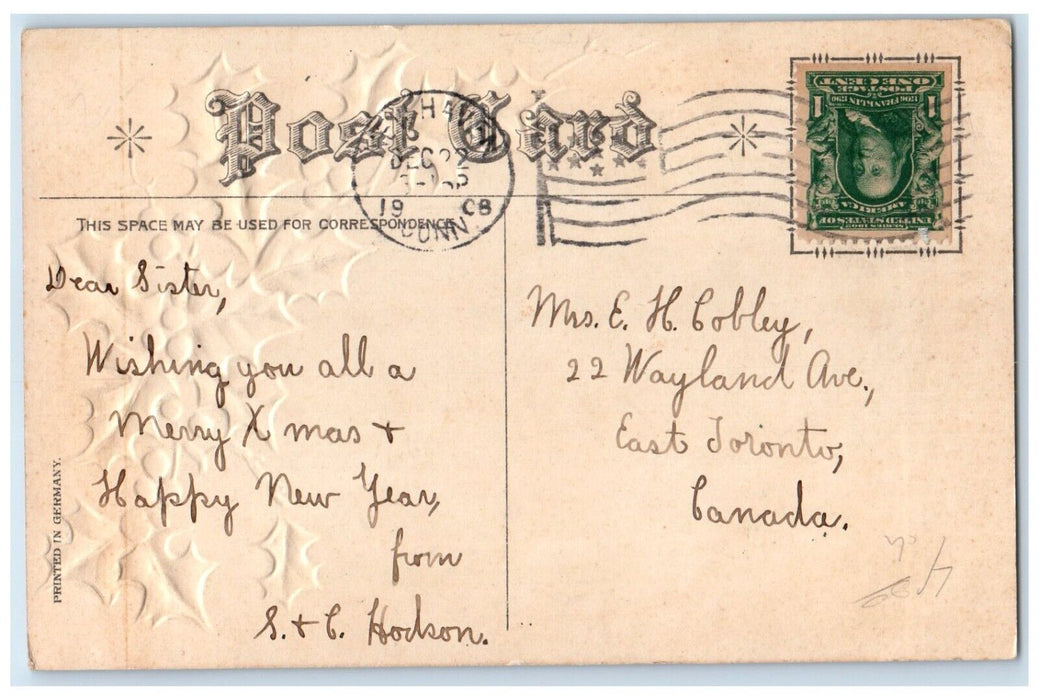 1908 Merry Christmas Children Holly Berries Embossed New Haven CT Postcard