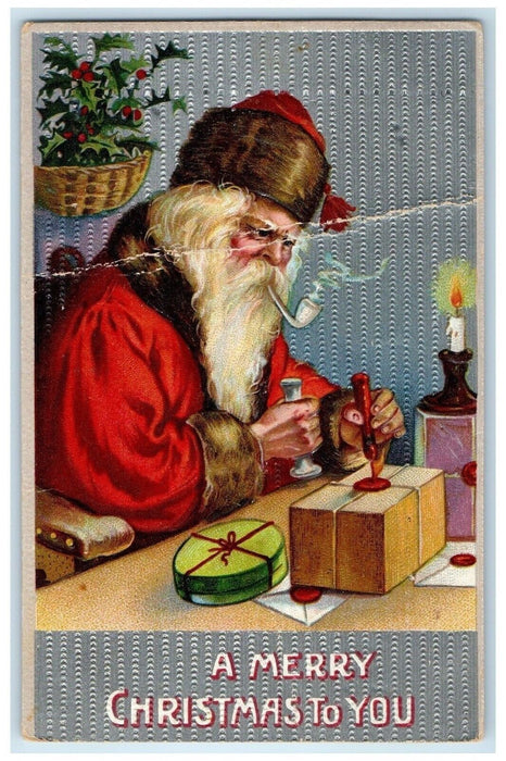 c1910's Christmas Santa Claus Gifts Smoking Pipe Berries Nash Antique Postcard