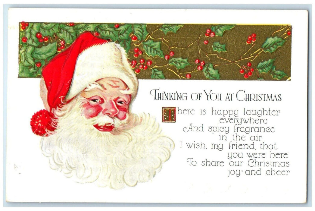 c1910's Christmas Jolly Santa Claus Holly Berries Embossed Antique Postcard