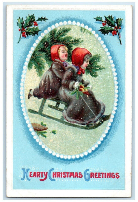 c1910's Christmas Greetings Children Sledding Berries Clapsaddle Posted Postcard