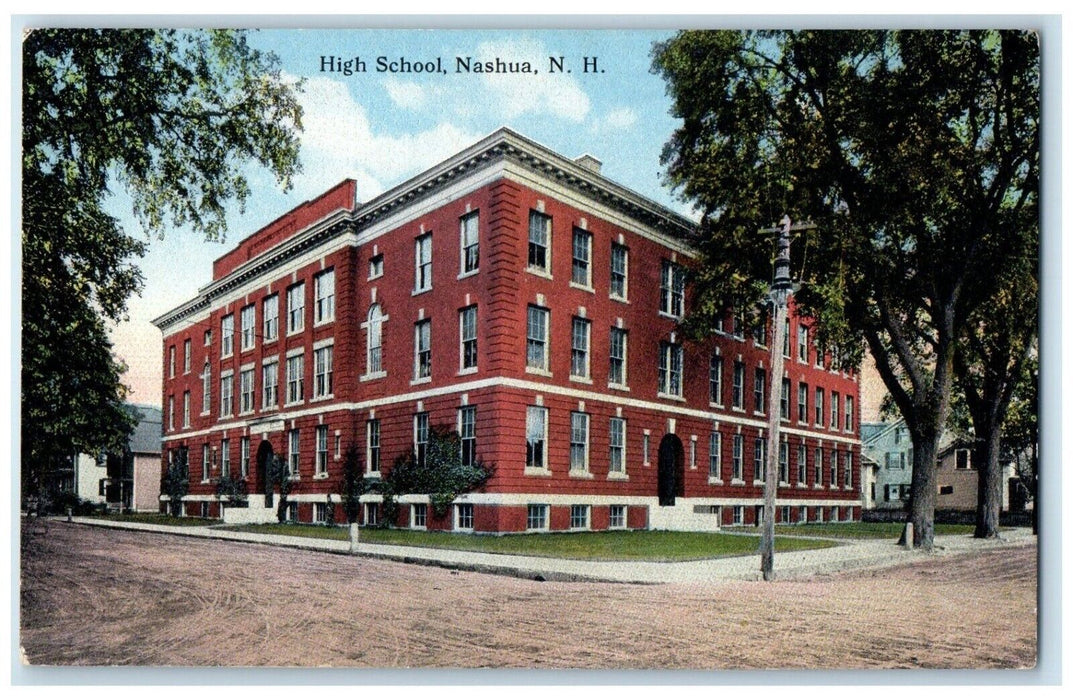 c1930's High School Building Dirt Road Nashua New Hampshire NH Vintage Postcard